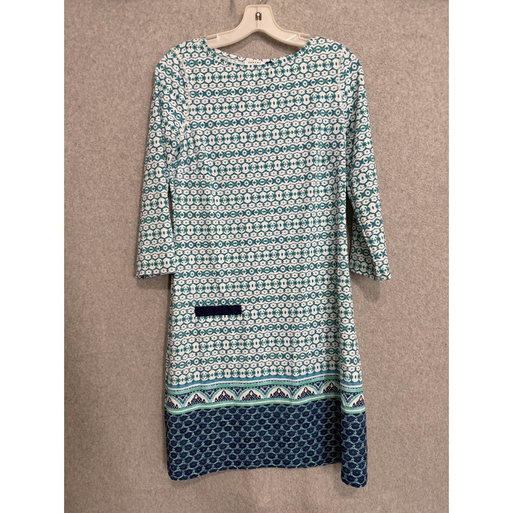 Cabana Life Dress Womens S Blue Geometric 3/4 Sleeve Shift Knee Length Pockets